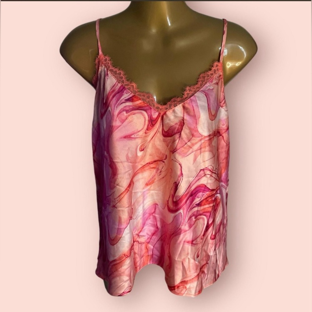 INC Pink & Orange Silky Lace Trim Cami Lingerie Night Top